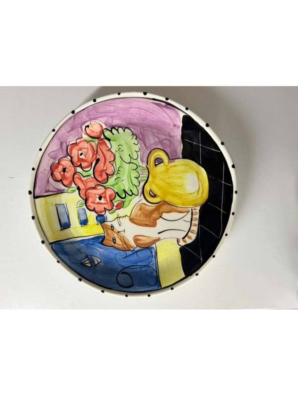 Hand-Painted Ceramic Wall Plate with Cat and Flower Design, 12-Inch Decorative - Picture 2 of 9
